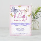 Invitation Baby shower papillon rose pourpre (Debout devant)