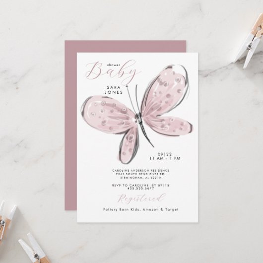 Invitation Baby shower papillon rose Rose poussiéreux (Devant/Arrière en situation)