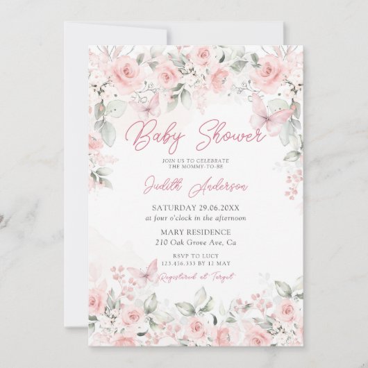 Invitation Baby shower papillon rose Roses (Devant)