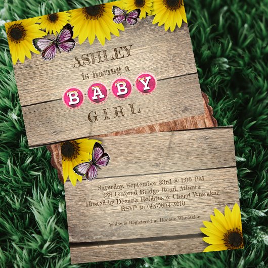 Invitation Baby shower papillon rose tournesol rustique | Fil