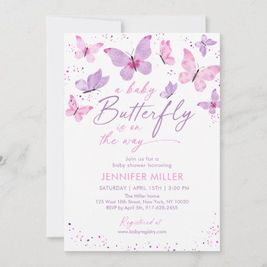Invitation Baby shower papillon rose violet (Devant)