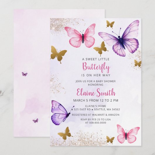 Invitation Baby Shower Papillon Rose Violet (Devant / Derrière)