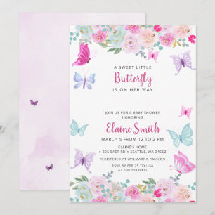 Invitation Baby Shower Papillon Rose Violet