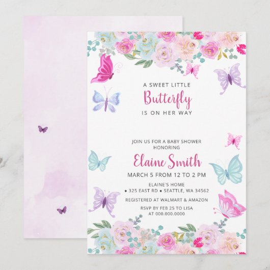 Invitation Baby Shower Papillon Rose Violet (Devant / Derrière)