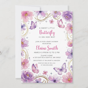 Invitation Baby Shower Papillon Rose Violet