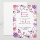 Invitation Baby Shower Papillon Rose Violet (Devant / Derrière)