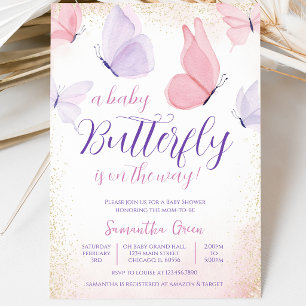 Invitation Baby Shower Papillon Rose Violet