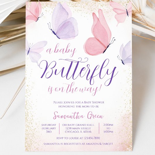 Invitation Baby Shower Papillon Rose Violet