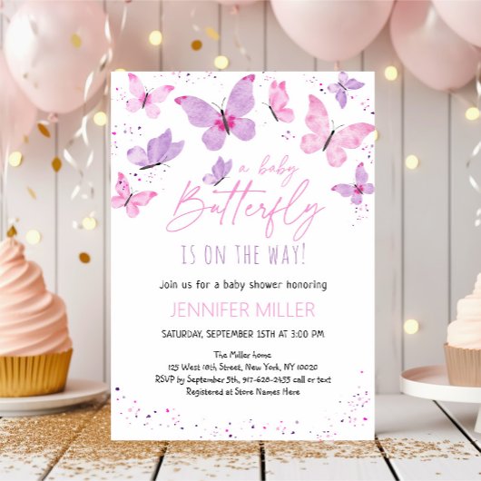 Invitation Baby shower papillon rose violet