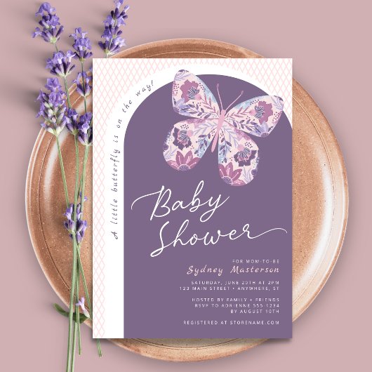 Invitation Baby shower papillon rose violet