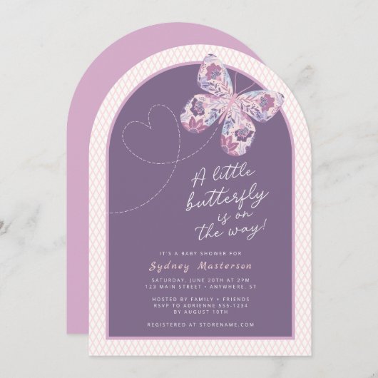 Invitation Baby shower papillon rose violet (Devant / Derrière)