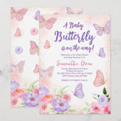 Invitation Baby shower papillon rose violet (Devant / Derrière)