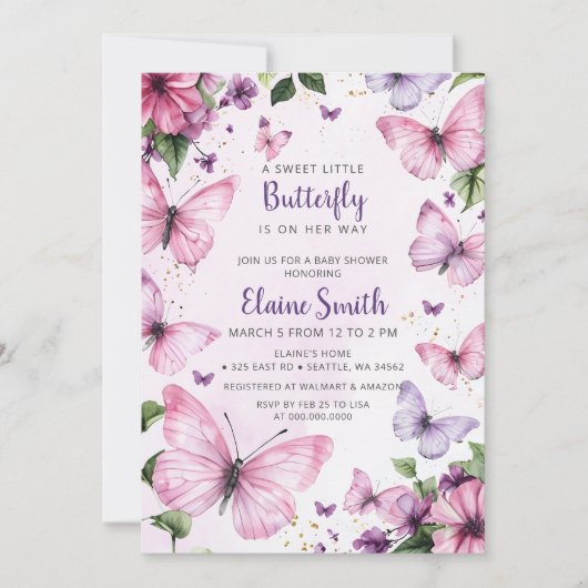 Invitation Baby shower papillon rose violet (Devant)