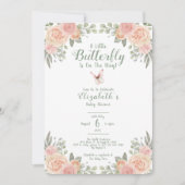 Invitation Baby Shower Papillon Vert et Pêche (Devant)
