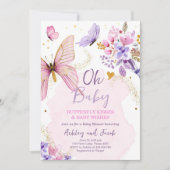 Invitation Baby shower papillon violet floral rose fille Invi (Devant)
