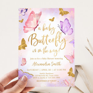 Invitation Baby shower papillon violet rose or