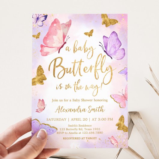 Invitation Baby shower papillon violet rose or