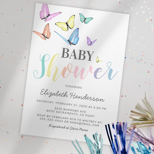 Invitation Baby Shower Papillons Arc-en-ciel Pastel