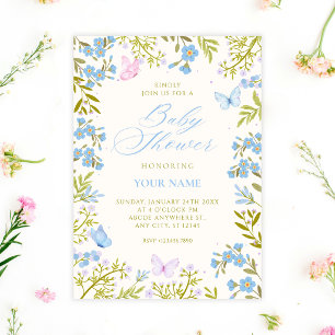 Invitation Baby shower papillons floraux bleus