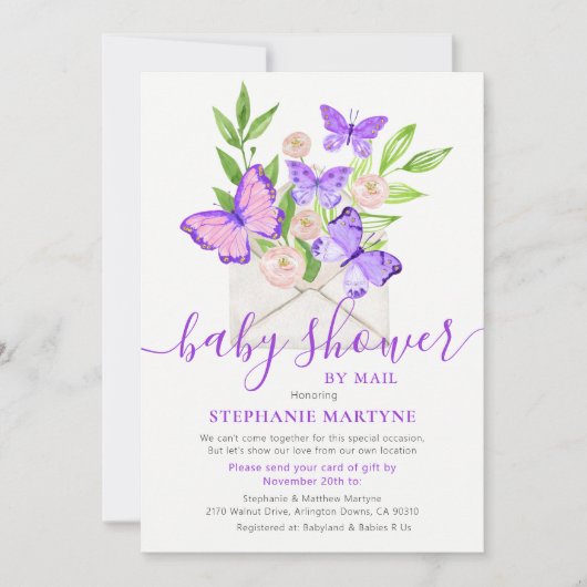 Invitation Baby shower Par Enveloppe Papillon Courrier Purple (Devant)