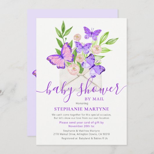 Invitation Baby shower Par Enveloppe Papillon Courrier Purple (Devant / Derrière)