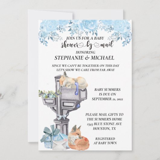 Invitation Baby Shower Par La Poste Renards Aquarelle Bleus (Devant)