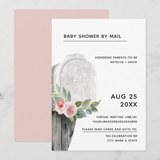 Invitation Baby shower par la poste Rose à duvet minimal Flor (Devant / Derrière)