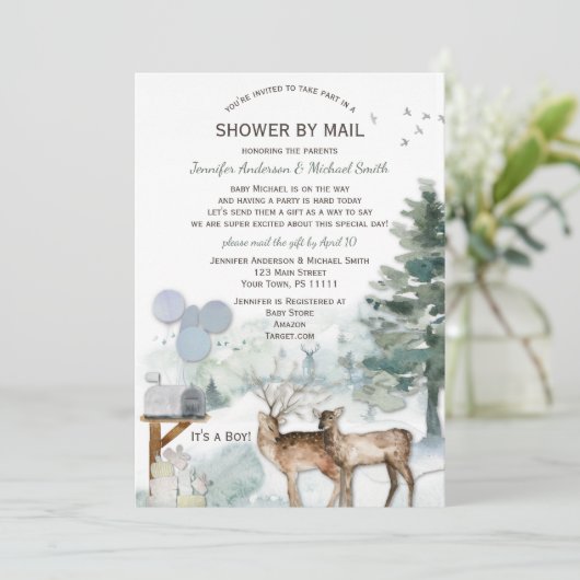 Invitation Baby Shower par la Poste Thème Garçon Forêt Cerf (Debout devant)
