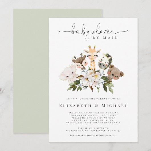 Invitation Baby shower Par Mail Animaux Faux Gold Floral (Devant / Derrière)