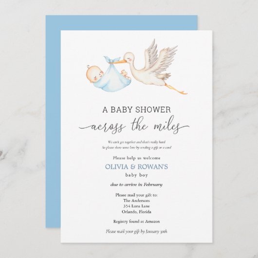 Invitation Baby shower par Mail Blue Stork (Devant / Derrière)