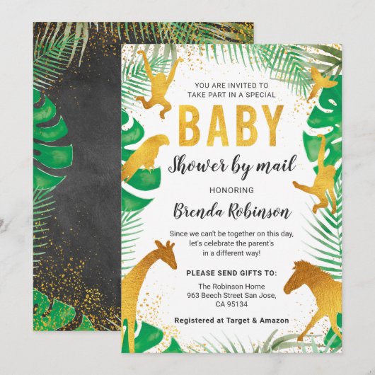 Invitation Baby shower Par Mail Boy Gold Jungle Animaux Safar (Devant / Derrière)