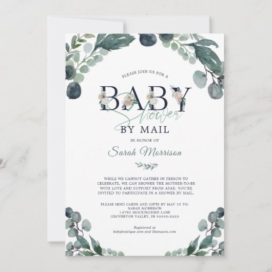 Invitation Baby shower par Mail Eucalyptus Greenery Navy Blue (Devant)
