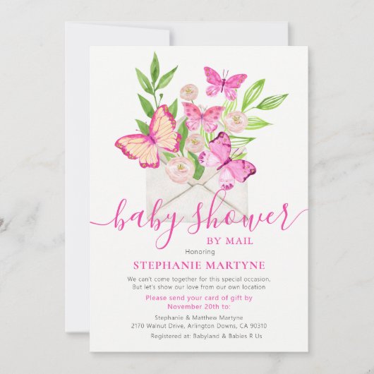 Invitation Baby shower Par Mail Papillon Rose Enveloppe Flora (Devant)