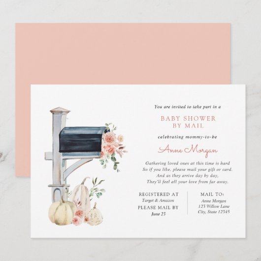 Invitation Baby shower par Mail Pink Floral Citrouille en boî (Devant / Derrière)