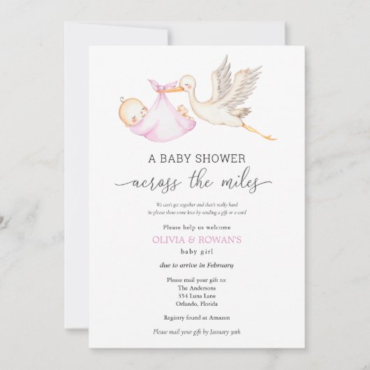 Invitation Baby shower par Mail Pink Girl Stork (Devant)