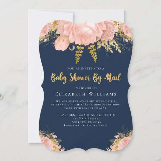Invitation Baby shower Par Mail Pink Navy Blue Floral (Devant)