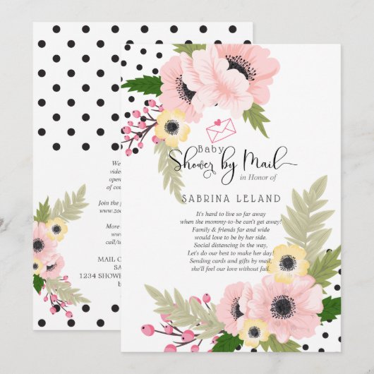 Invitation Baby shower par Mail Pink Yellow Poppies Points (Devant / Derrière)