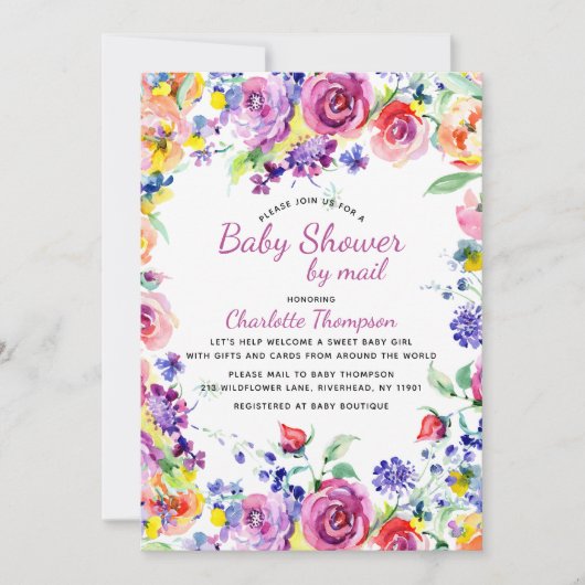 Invitation Baby shower Par Mail Ressort Aquarelle rose Floral (Devant)