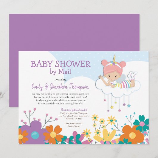 Invitation Baby shower Par Mail Unicorn Fairy Florals (Devant / Derrière)