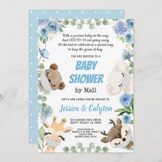 Invitation Baby shower Par Mail Woodland Animal Blue Rose (Devant / Derrière)