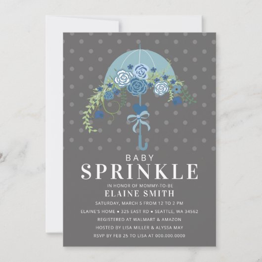 Invitation Baby shower parapluie bleu et gris (Devant)
