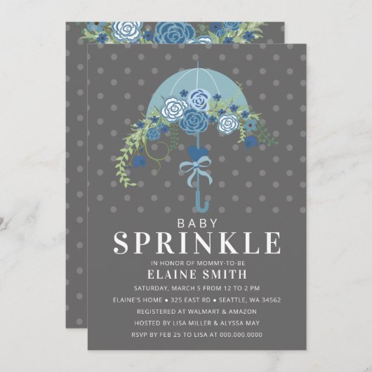 Invitation Baby shower parapluie bleu et gris (Devant / Derrière)