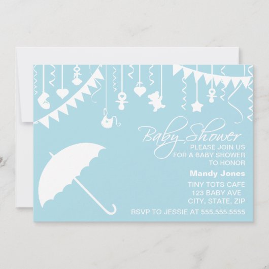 Invitation baby shower parapluie bleu pastel (Devant)