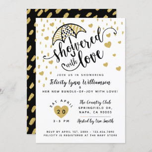 Invitation Baby shower parapluie d'or noir moderne