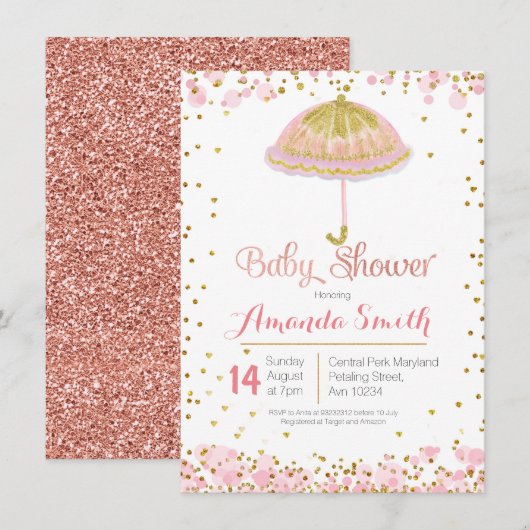 Invitation Baby shower parapluie Pink Gold (Devant / Derrière)