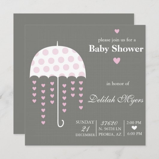 Invitation Baby shower parapluie rose (Devant / Derrière)