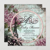 Invitation Baby shower Paris rose et Turquoise chic (Devant / Derrière)