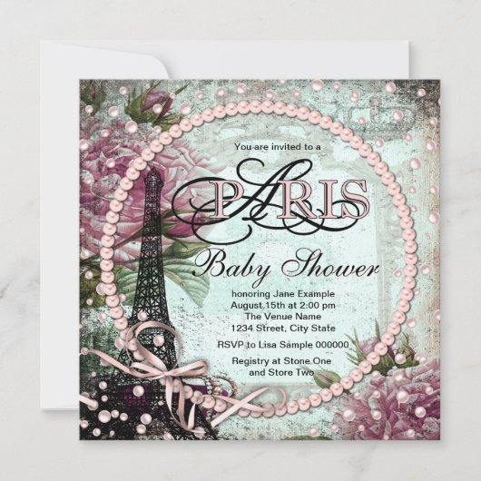 Invitation Baby shower Paris rose et Turquoise chic (Devant)
