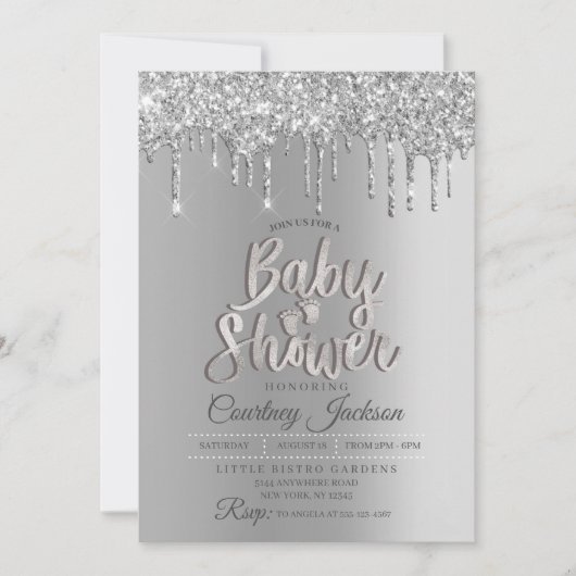 Invitation Baby shower Parties scintillant argent (Devant)