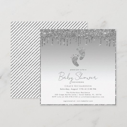 Invitation Baby shower Parties scintillant argent (Devant / Derrière)